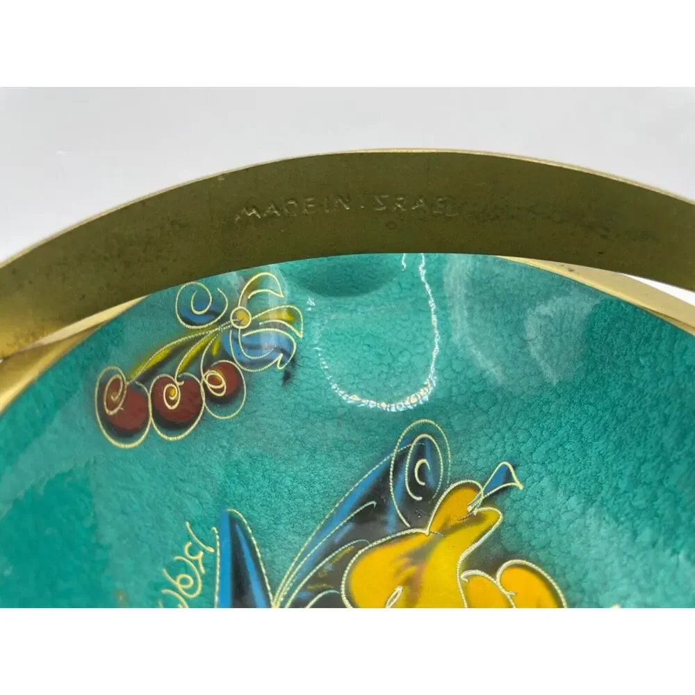 Vintage 1960s Brass Turquoise Enamel Basket With Handle Signed Made in Israel